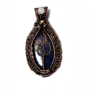 Tree Of Life Lapis Lazuli Gemstone Copper WireWrap Handmade Pendant 2.95" - Picture 1 of 4