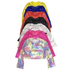 Kids Girls Shiny Metallic Crop Top Long Sleeve T-shirt Dancewear Performance - Picture 1 of 18