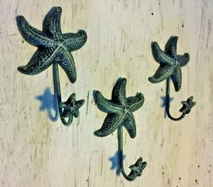 SET OF 3 ANTIQUE BLUE GRAY STARFISH HOOKS ocean star fish seashell beach 6" in - Picture 1 of 9