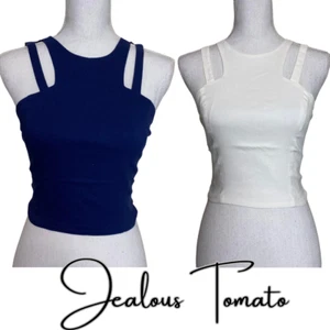 Jealous Tomato Damen Crop Neckholder Top Cut Out - Creme/Blau - Small/Medium - NEU - Bild 1 von 32