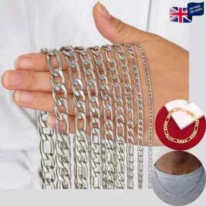 925 Sterling Silver Figaro Curb Chain Necklace Bracelet Charm Choker 2MM-12MM - Picture 1 of 16