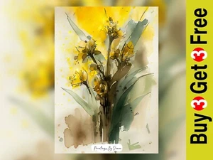 Yellow Botanical Floral, Watercolor Painting Print 5"x7" on Matte Paper - Picture 1 of 7