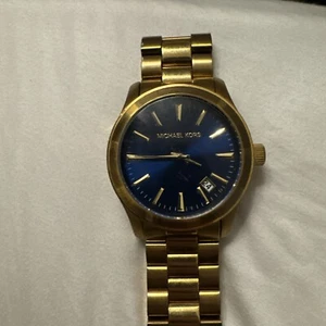 Michael Kors Gold Tone 3 Hand Steel Runway Blue Dial Watch MK7049 - Picture 1 of 6