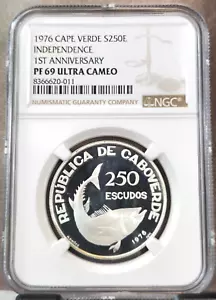 1976 CAPE VERDE SILVER 250 ESCUDOS TUNA FISH NGC PF 69 ULTRA CAMEO RARE TOP POP - Picture 1 of 3