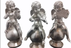 SILVER CHERUBS MUSICIAN ORNAMENTS PLAYING HARP VIOLIN OR FLUTE - Picture 1 of 10