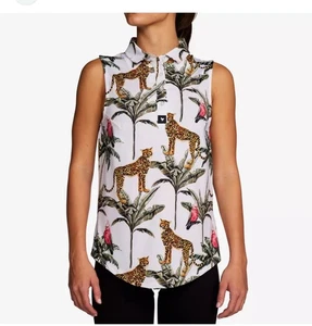 Bad Birdie Wildlife Cheetah Palms Sleeveless Golf Polo Shirt Women's Size Large - Picture 1 of 6