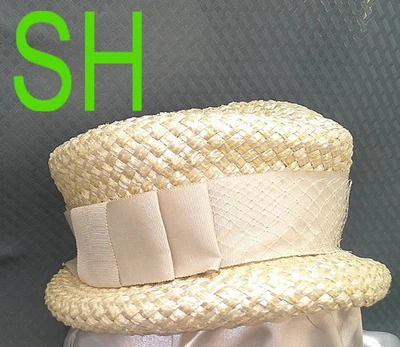 Sombrero cubo blanco vintage de los años 60 para damas tejido plástico rafia cinta ancha red Foto 1 de 4