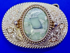 Mossy Agate? Stone Cabochon Cab Centerpiece Gold Tone Western Belt Buckle - Picture 1 of 19