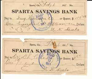 Sparta, Ga - 2 febbraio 1911 assegni M N Sigilli estratti dalla Cassa di Risparmio Sparta - Foto 1 di 1