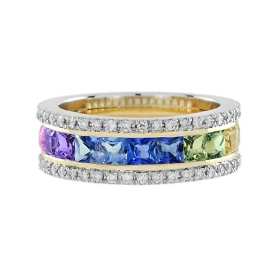 Anillo clásico de media eternidad de diamantes con zafiro arco iris natural de oro de 18 quilates Foto 1 de 4
