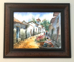 Gerahmtes peruanisches Straßenblumenverkäufer Aquarell Original Gemälde 12,5 x 9,5 - Bild 1 von 2