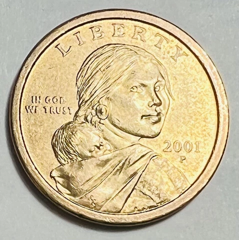 2001 P Sacagawea Native American $1 One US Dollar Golden Color Coin Philadelphia Cover