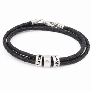 Herren Armband Geflochten Schwarz Leder Silber Diamant Namen 0,03Ct Unisex Geliebte - Bild 1 von 14