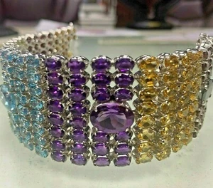 123 grm Silver Bracelet of natural Garnet Citrine, Peridot, Blue Topaz, Amethyst - Picture 1 of 12