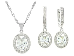 Real 925 sterling silver drop oval necklace and earrings hallmarked jewelry set - Bild 1 von 6