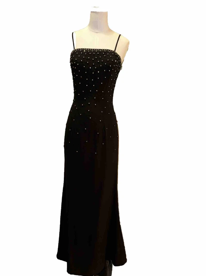 Cassandra Stone Formal Maxi Beaded Dress 90's Y2K Sz 4 Train Rhinestone Dance - Image 1 of 4