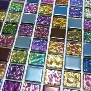 Mosaic Tile Sheet Iridescent Mix Glass Square Walls Floors Bathrooms Kitchens