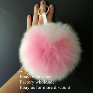 White Pink 13cm 5" Hear Shaped Real Fox Fur Ball pompom bag charm keychain