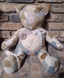 Vintage Patchwork Quilt Bear Plush Stuffed Homemade Valentines Day Gift - Picture 1 of 5