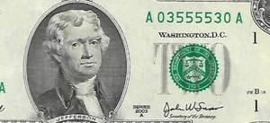 2003A $2 FRN - FANCY SERIAL NUMBER - PERFECT RADAR Note - A03555530A - GEM - Picture 1 of 3