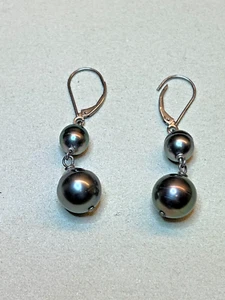 Black Pearl (Double) Dangle Lever Back Earrings Silver Sterling, 8mm & 11mm Dia - Picture 1 of 3