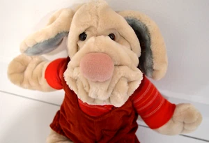 Vintage 80s Ganz WRINKLES the Dog Hand Puppet Plush Stuffed 14" Red Overalls - Picture 1 of 5