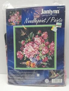 NEW 2006 JANLYNN Needlepoint Kit, #023-0318 PEONIES w/Hummingbird, Pic or Pillow