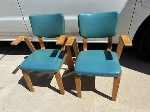 (2) Thonet Mid Century Modern Bentwood Wood Chairs Vinyl & Wood Cover