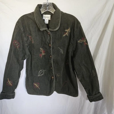 Chaqueta para mujer Christopher & Banks mediana verde pana hojas de otoño bordadas Foto 1 de 4