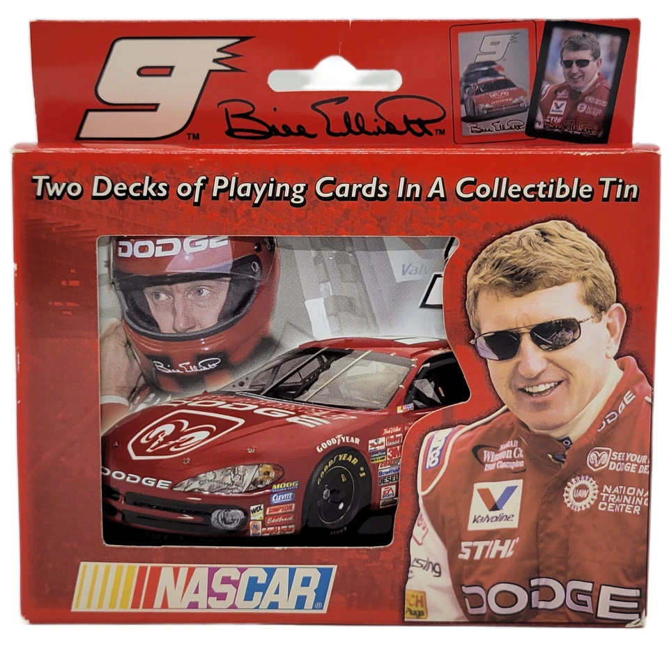 NASCAR Bill Elliott 2 Decks of Playing Cards in Collectable Tin Race Car 9 Dodge