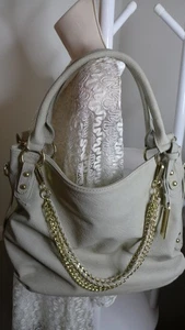 Purse Tote Bag MASSINI Gold Embellished Gray Beige Chain Shoulder Handle 15x11" - Picture 1 of 17