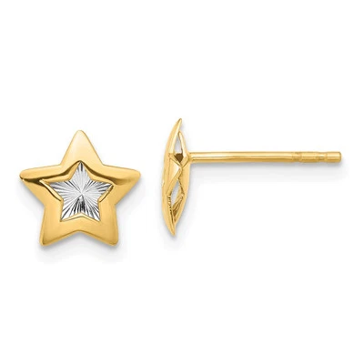 14k Yellow Gold with Rhodium Polished and Textured Star Button Stud Earrings - Image 1 of 4