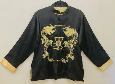 Camisa De Seda Asiática De Colección Hombres Talla S Mujeres Talla L Negra Satén Dorado Bordada Dragon Yorn Foto 1 de 4