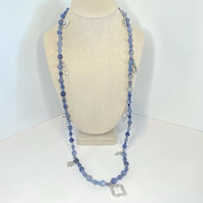 WHBM Blue Necklace Aventurine Stone Beaded Rhinestone Key Charm Long - Image 1 of 4