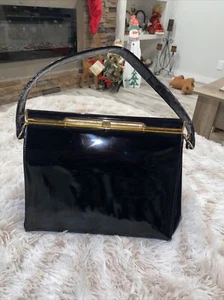 Vintage Grannycore 1950's Viki  Original Black Leather Handbag with Gold Lining - Picture 1 of 9
