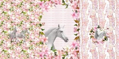 Baumwoll-Jersey Stenzo Panel Pferd Schimmel Blumen rosa bunt 75 cm x 150 cm  - Bild 1 von 2