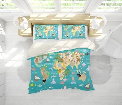3D World Map Animals Tree Colorful Quilt Cover Set Bedding Sets Pillowcases 64 - Image 1 of 4