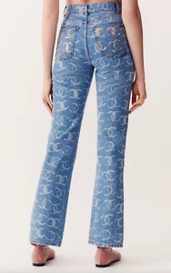 Chanel 23B Runway Light Blue Denim White CC Printed Logo Sequin Skinny Jeans 38 - Picture 1 of 16
