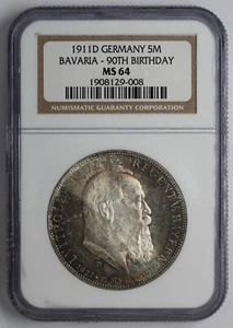 1911 D Deutschland Silber 5 Mark Bayern 90. Geburtstag NGC MS 64 - Bild 1 von 5