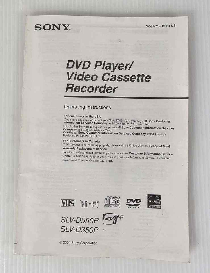 Sony DVD VCR Combo Player Instructions Manual - SLV-D550P & SLV-D300P Original  - Image 1 of 4