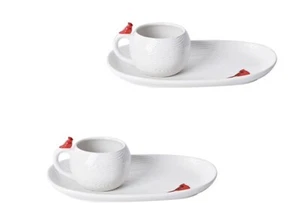 S/2 Temptations Suppentasse & Sandwichplatte Tablett Winter Woodland weiß Kardinal - Bild 1 von 24