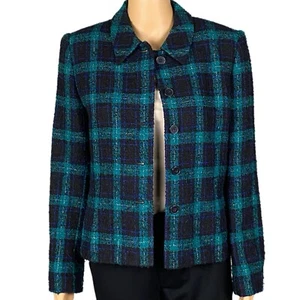 KASPER & Company green, black and blue Tweed Plaid blazer jacket Size 6 EUC - Picture 1 of 8