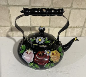 Vintage Black Canal Ware Bargeware Hand Painted Floral Metal Kettle - Picture 1 of 19