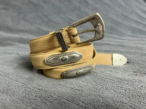 VINTAGE Tan Belt Womens 28 M Leather Textured Concho Silver Buckle Brown Thin 1” - Picture 1 of 18