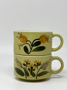 Pair Vintage Yellow Stoneware Art Pottery Coffee Soup Mugs Hand Painted Floral - Picture 1 of 8