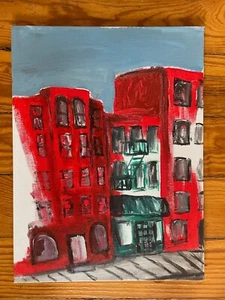 City Row Buildings 12x16 Red Renault Contemporary Outsider Art Canvas Painting - Bild 1 von 5