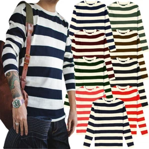 Mens Long Sleeve Stripe T-Shirt New Casual Classic Fit Crew Round Neck Tee Tops - Picture 1 of 14