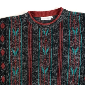 Maglione vintage anni 90 JJ Cochran uomo taglia XLT XL-TALL nero fuzzy geometrico Cosby USA - Foto 1 di 9
