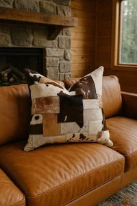 Heritage Genuine Cowhide Cushion Cover - Rustic Patchwork - Picture 1 of 5