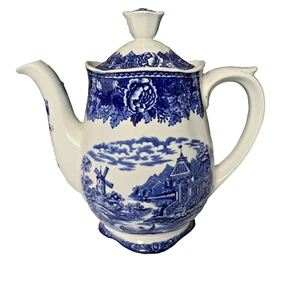 Arabia of Finland Coffee Pot Landscape Blue 8 in w lid Disc No flaws Vtg - Picture 1 of 15